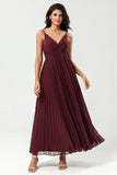 A Line Spaghetti Straps Floor-Length Chiffon Bridesmaid Dress with Ruffles