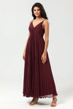 A Line Spaghetti Straps Floor-Length Chiffon Bridesmaid Dress with Ruffles