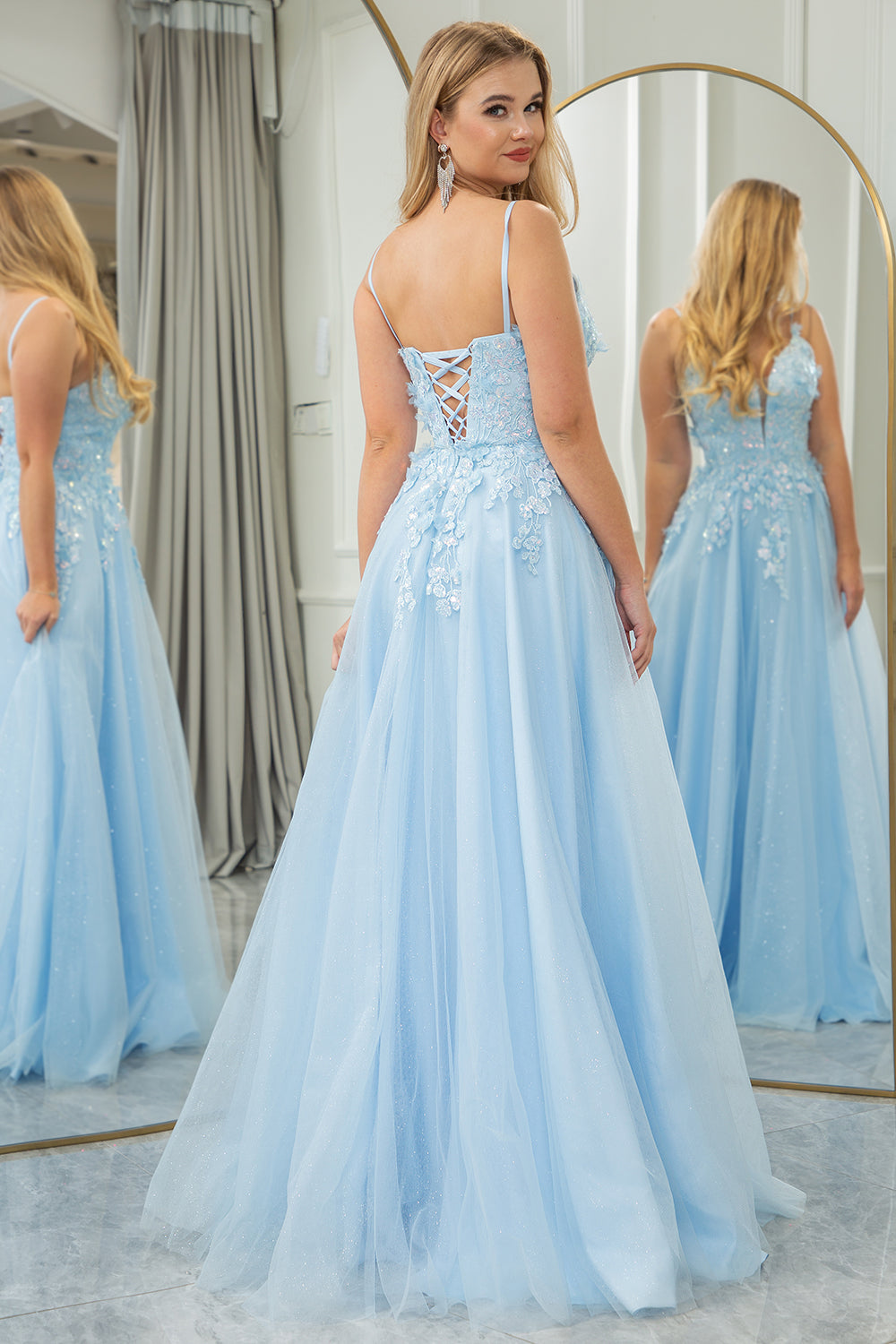 Wedtrend Women A Line Tulle Prom Dress Light Blue Long Formal Dress With Appliques Wedtrend UK