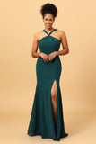 Pine Mermaid Halter Long Chiffon Bridesmaid Dress with Slit