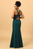 Pine Mermaid Halter Long Chiffon Bridesmaid Dress with Slit