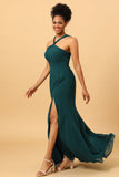 Pine Mermaid Halter Long Chiffon Bridesmaid Dress with Slit