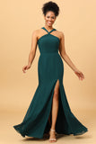 Pine Mermaid Halter Long Chiffon Bridesmaid Dress with Slit