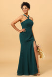 Pine Mermaid Halter Long Chiffon Bridesmaid Dress with Slit