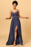 Twilight Ruched Long Chiffon Bridesmaid Dress with Slit