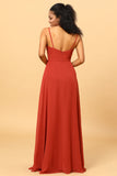 Terracotta A Line Sweetheart Long Chiffon Bridesmaid Dress with Ruffle