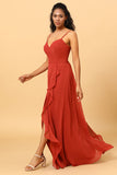 Terracotta A Line Sweetheart Long Chiffon Bridesmaid Dress with Ruffle