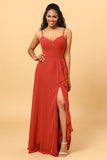 Terracotta A Line Sweetheart Long Chiffon Bridesmaid Dress with Ruffle