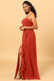 Terracotta A Line Sweetheart Long Chiffon Bridesmaid Dress with Ruffle