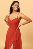 Terracotta A Line Sweetheart Long Chiffon Bridesmaid Dress with Ruffle