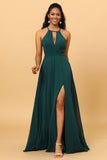 Pine A Line Halter Sleeveless Long Chiffon Bridesmaid Dress with Slit