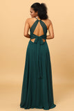 Pine A Line Halter Sleeveless Long Chiffon Bridesmaid Dress with Slit