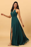 Pine A Line Halter Sleeveless Long Chiffon Bridesmaid Dress with Slit