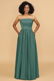 A Line Strapless Satin Floor-Length Bridesmaid Dress with Pockets