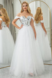 White A Line Off the Shoulder Long Mirror Corset Prom Dress With Sequins