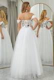 White A Line Off the Shoulder Long Mirror Corset Prom Dress With Sequins