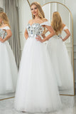 White A Line Off the Shoulder Long Mirror Corset Prom Dress With Sequins