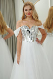 White A Line Off the Shoulder Long Mirror Corset Prom Dress With Sequins