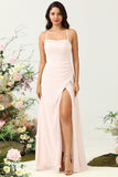 Pink A Line Spaghetti Straps Chiffon Bridesmaid Dress with Slit