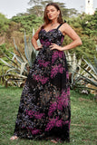 Black Mixed Flower A Line Spaghetti Straps Plus Size Bridesmaid Dresses