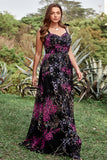 Black Mixed Flower A Line Spaghetti Straps Plus Size Bridesmaid Dresses