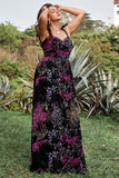 Black Mixed Flower A Line Spaghetti Straps Plus Size Bridesmaid Dresses