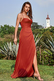 Mermaid Spaghetti Straps Floor-Length Rust Satin Bridesmaid Dress with Split Front