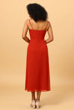 Terracotta Spaghetti Straps Midi Chiffon Bridesmaid Dress with Slit