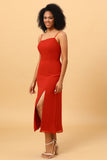 Terracotta Spaghetti Straps Midi Chiffon Bridesmaid Dress with Slit