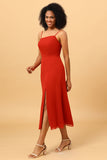 Terracotta Spaghetti Straps Midi Chiffon Bridesmaid Dress with Slit