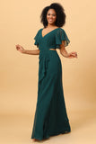 Pine V Neck Short Sleeves Long Chiffon Bridesmaid Dress