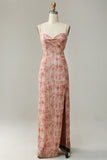 Blush Sheath Spaghetti Straps Backless Stretch Crepe Bridesmaid Dress with Slit