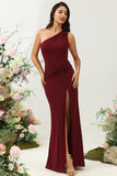 Burgundy Mermaid One Shoulder Chiffon Bridesmaid Dress with Slit