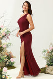 Burgundy Mermaid One Shoulder Chiffon Bridesmaid Dress with Slit