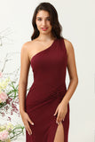 Burgundy Mermaid One Shoulder Chiffon Bridesmaid Dress with Slit