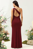 Burgundy Mermaid One Shoulder Chiffon Bridesmaid Dress with Slit