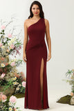 Burgundy Mermaid One Shoulder Chiffon Bridesmaid Dress with Slit