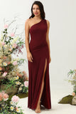 Burgundy Mermaid One Shoulder Chiffon Bridesmaid Dress with Slit