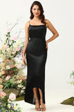 Black Mermaid Spaghetti Straps Satin Bridesmaid Dress with Fringes