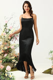 Black Mermaid Spaghetti Straps Satin Bridesmaid Dress with Fringes