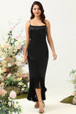 Black Mermaid Spaghetti Straps Satin Bridesmaid Dress with Fringes