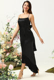 Black Mermaid Spaghetti Straps Satin Bridesmaid Dress with Fringes