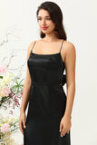 Black Mermaid Spaghetti Straps Satin Bridesmaid Dress with Fringes