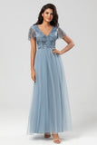 A-Line V Neck Embroidered Tulle Dusty Pink Bridesmaid Dress with Beading