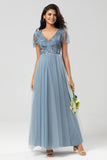 A-Line V Neck Embroidered Tulle Dusty Blue Bridesmaid Dress with Beading