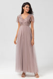 A-Line V Neck Embroidered Tulle Dusty Pink Bridesmaid Dress with Beading