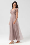 A-Line V Neck Embroidered Tulle Dusty Pink Bridesmaid Dress with Beading