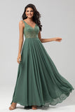 A-Line Beaded Eucalyptus Long Bridesmaid Dress