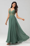 A-Line Beaded Eucalyptus Long Bridesmaid Dress