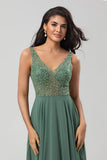 A-Line Beaded Eucalyptus Long Bridesmaid Dress